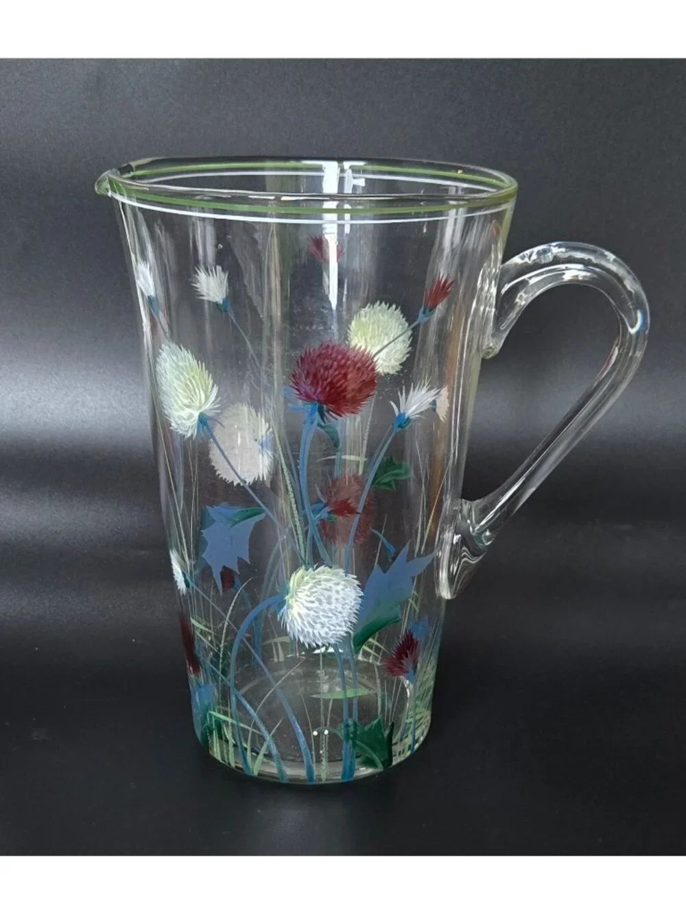 Vintage 1940s Glass Pitcher w/Hand Painted Clover, Floral Pitcher, Czech Glass,